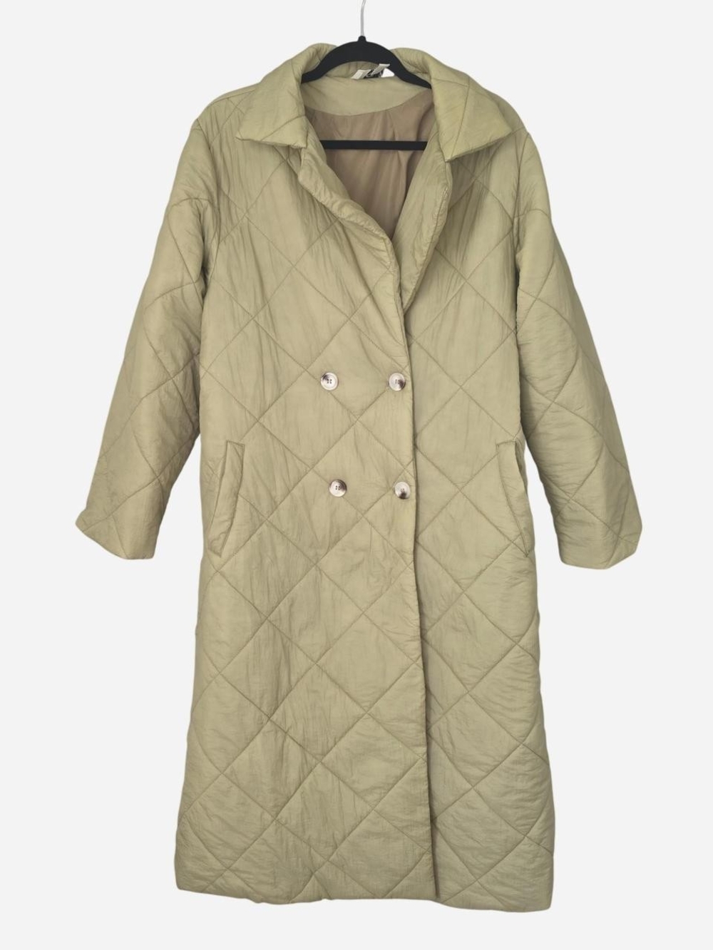 Quilted Long Trench Coat in Khaki